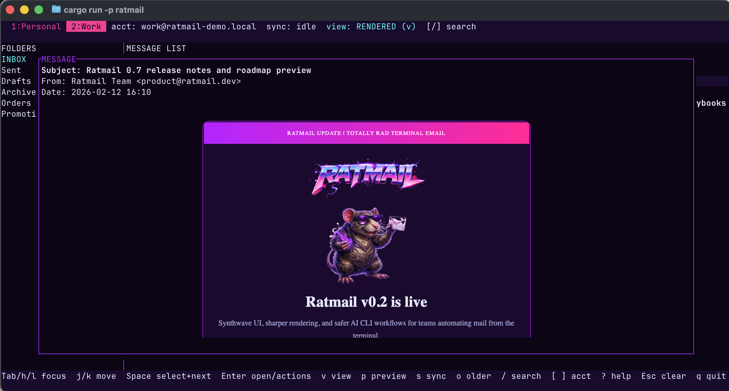 Ratmail showing rendered HTML email in the terminal